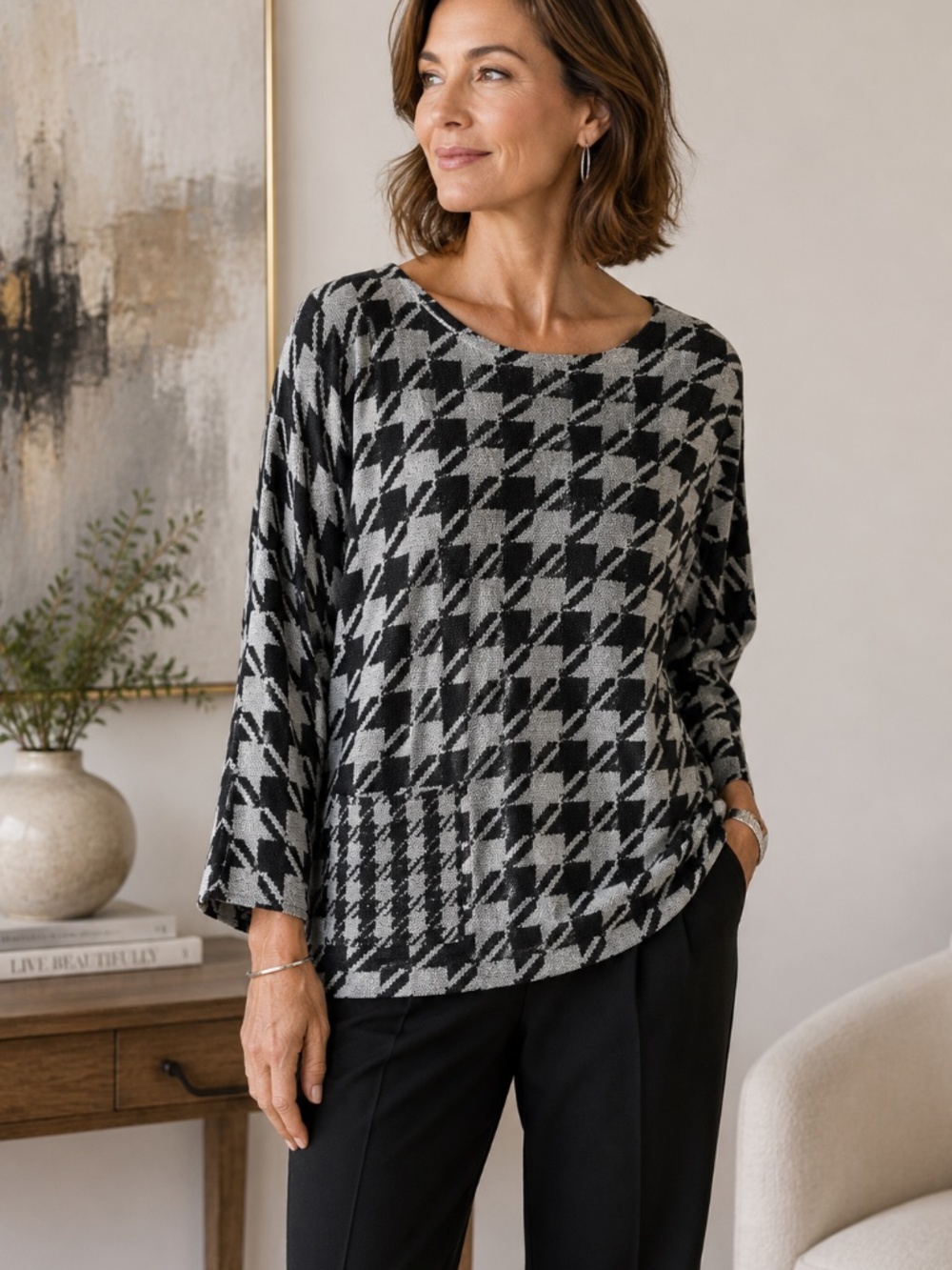 J.Jill Black Gray Houndstooth Cotton Batwing Sweater Pocket Top Size S